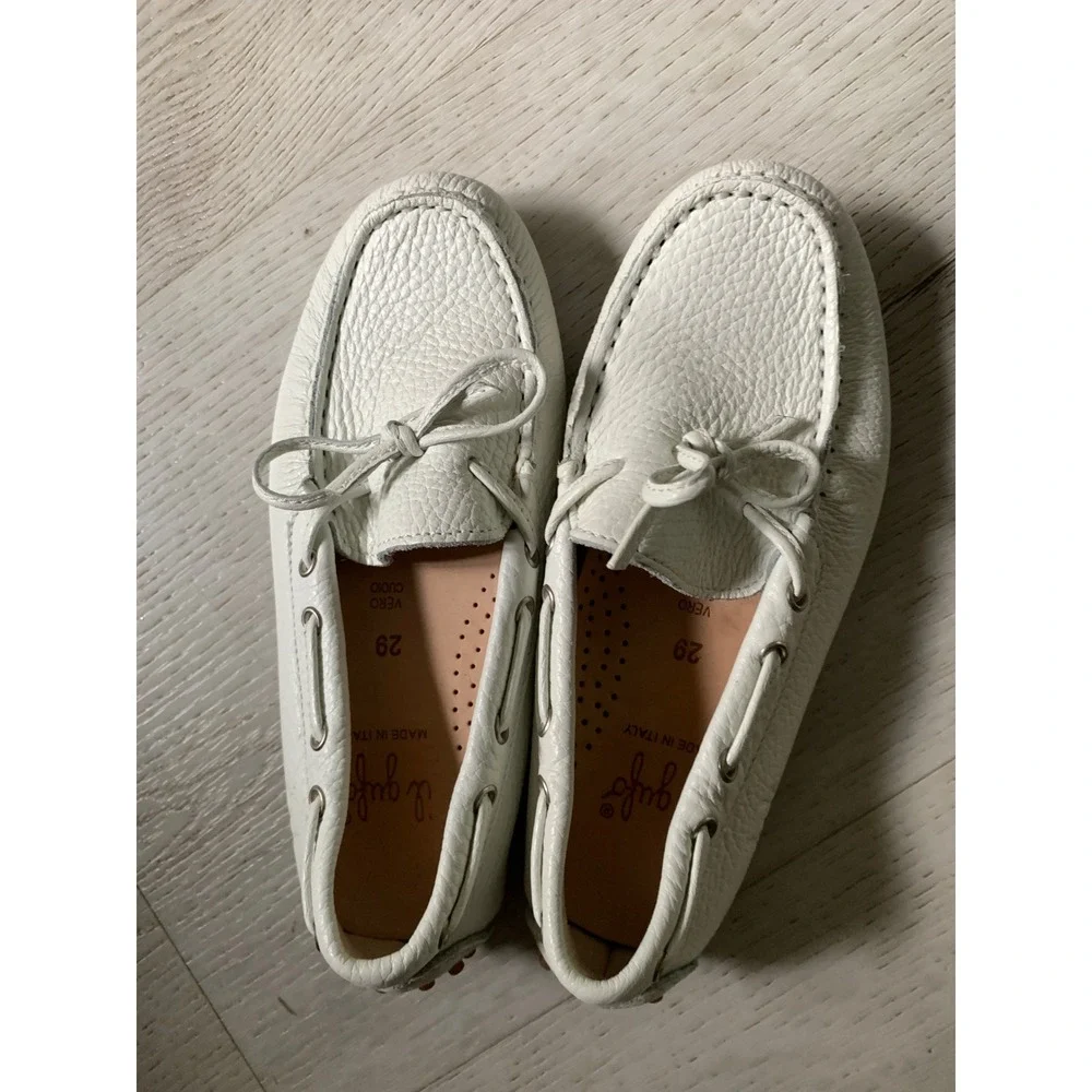 Il Gufo Kids White Pebbled Leather Driving Loafers Size 29 Made in Italy Moc Toe
